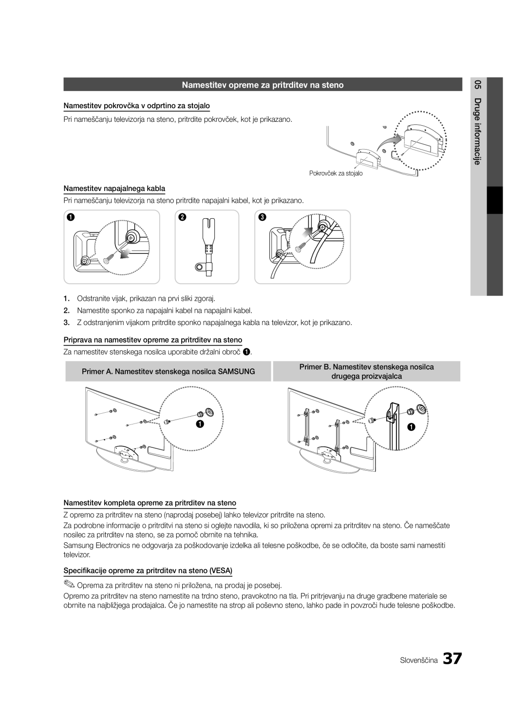 Samsung UE32C4000PWXBT manual Namestitev opreme za pritrditev na steno, Pokrovček za stojalo, Drugega proizvajalca 