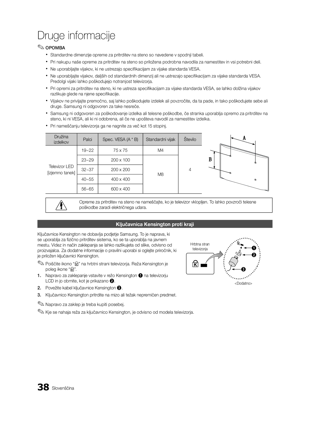 Samsung UE32C4000PWXZT, UE32C4000PWXXH Ključavnica Kensington proti kraji, Standardni vijak Število, Izdelkov, Dodatno 