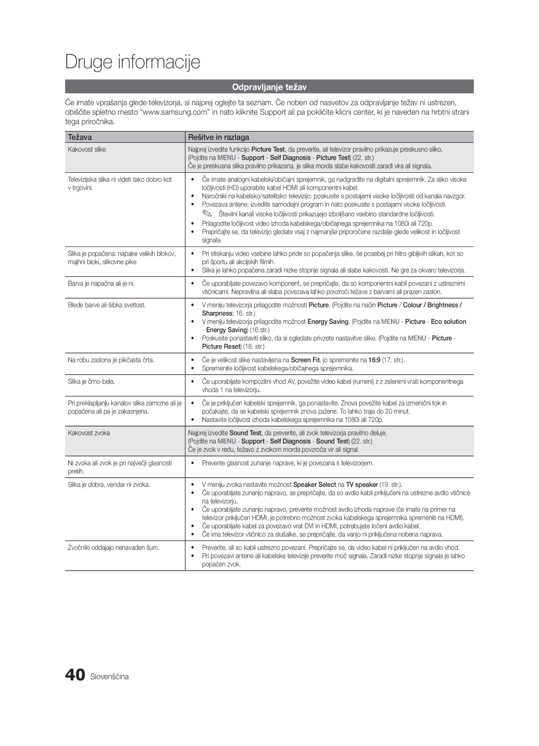 Samsung UE32C4000PWXXH, UE32C4000PWXXN, UE32C4000PWXZG, UE32C4000PWXXC manual Odpravljanje težav, Težava Rešitve in razlaga 