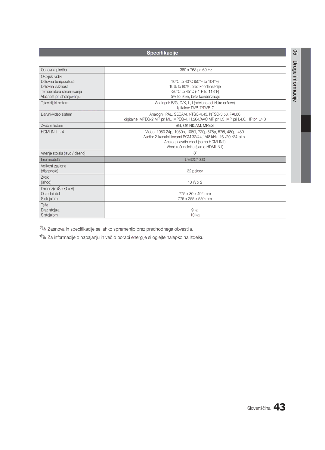 Samsung UE32C4000PWXXC, UE32C4000PWXXH, UE32C4000PWXXN, UE32C4000PWXZG, UE32C4000PWXZF, UE32C4000PWXBT manual Specifikacije 