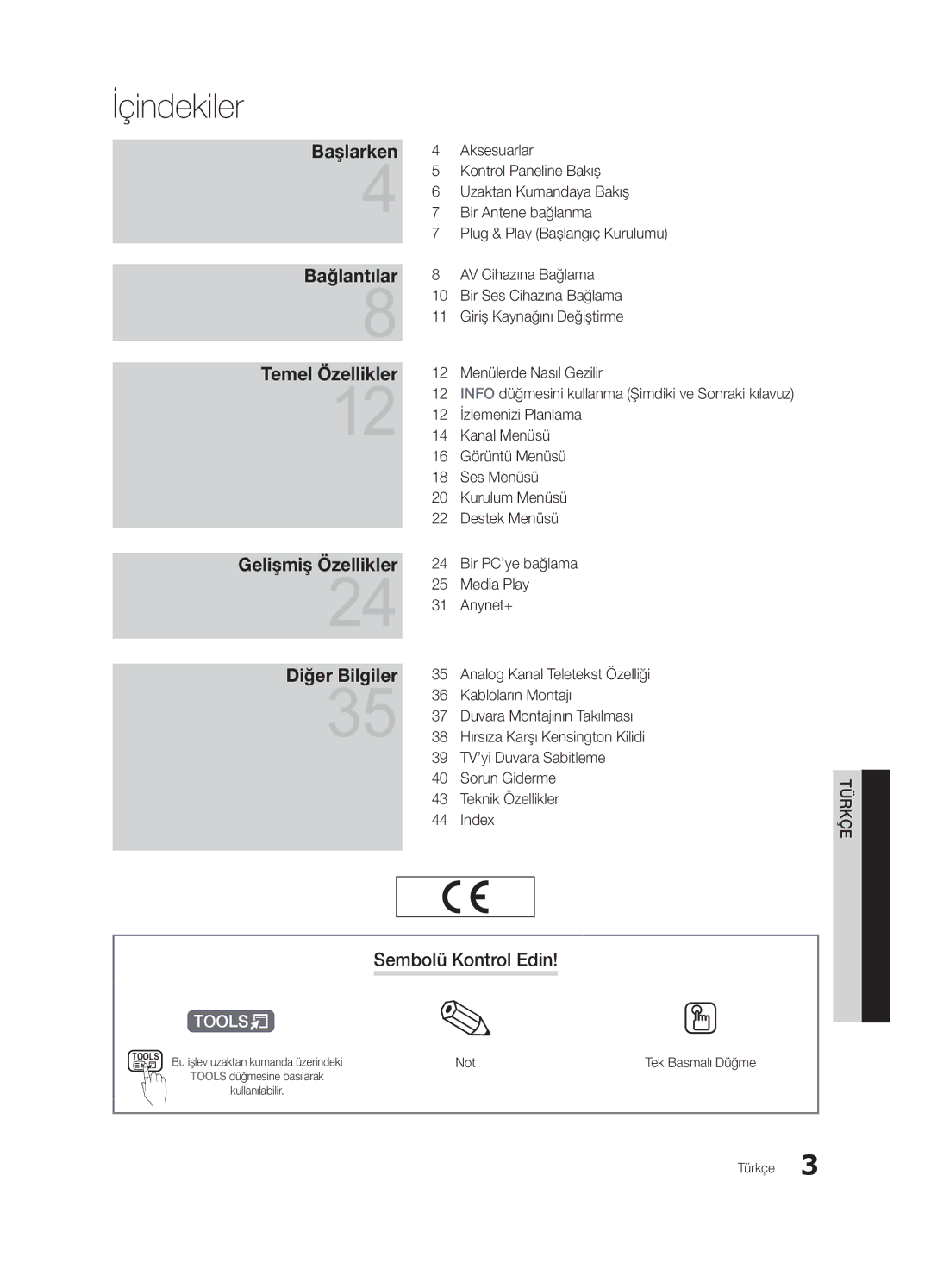 Samsung UE32C4000PWXXU, UE32C4000PWXXH, UE32C4000PWXXN, UE32C4000PWXZG, UE32C4000PWXXC manual İçindekiler, Sembolü Kontrol Edin 