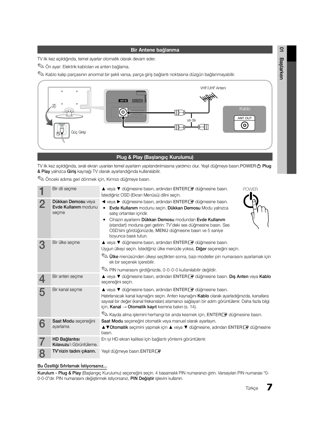 Samsung UE32C4000PWXXC, UE32C4000PWXXH, UE32C4000PWXXN manual Bir Antene bağlanma, Plug & Play Başlangıç Kurulumu, Ayarlama 