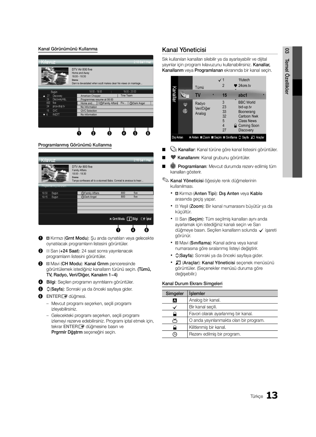 Samsung UE32C4000PWXXN, UE32C4000PWXXH manual Kanal Yöneticisi, Kılavuz, Kanal Görünümünü Kullanma, 03ÖzelliklerTmel Türkçe 