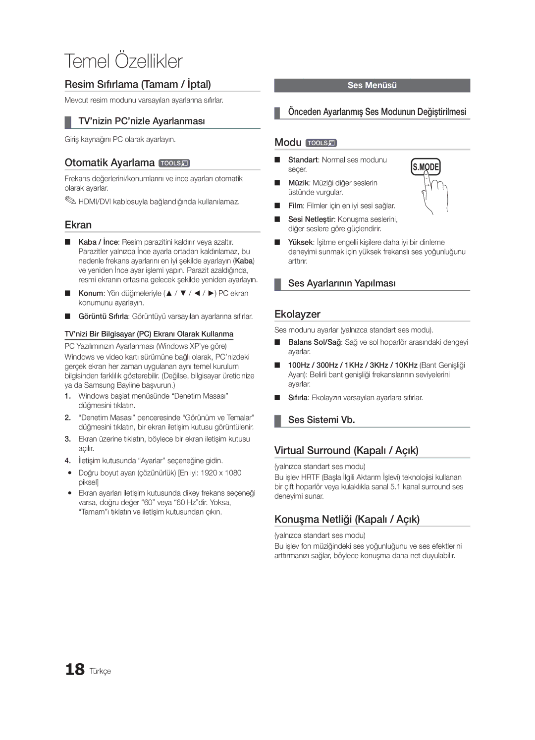 Samsung UE32C4000PWXZT Resim Sıfırlama Tamam / İptal, Otomatik Ayarlama t, Ekran, Ekolayzer, Konuşma Netliği Kapalı / Açık 