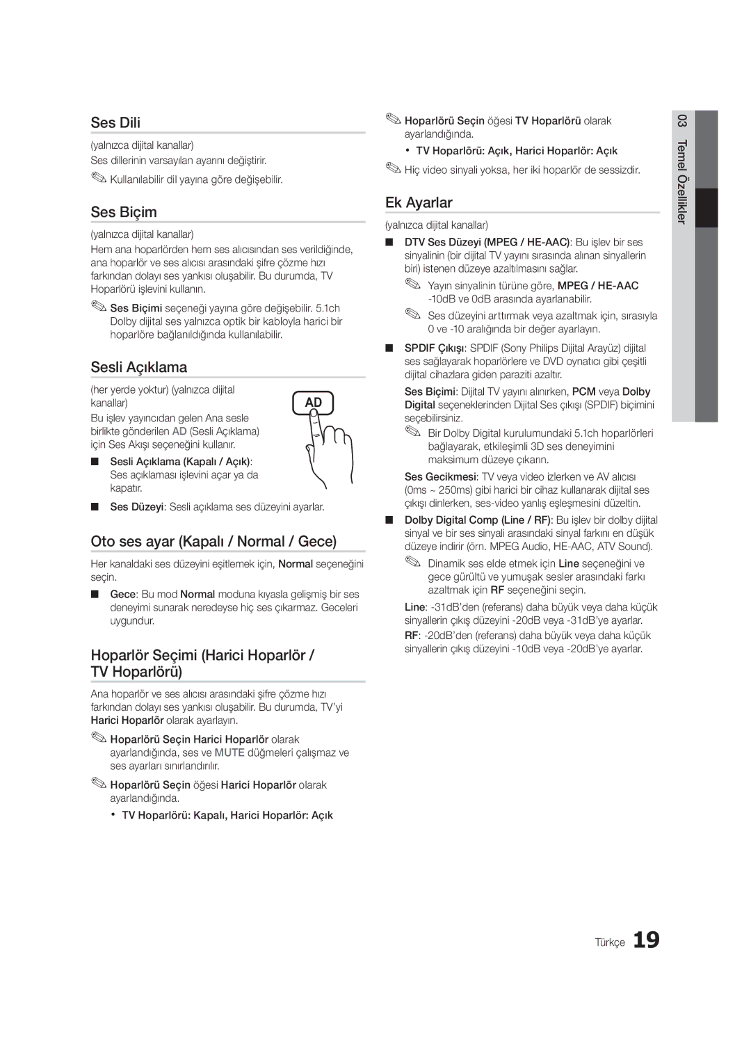 Samsung UE32C4000PWXXU manual Ses Dili, Ses Biçim, Sesli Açıklama, Oto ses ayar Kapalı / Normal / Gece, Ek Ayarlar 