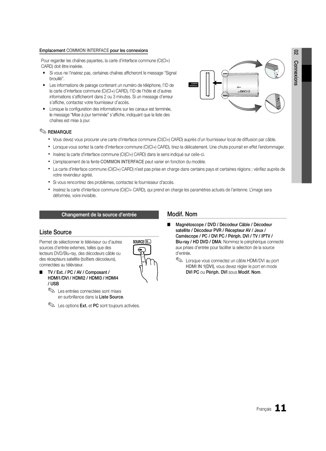 Samsung UE32C4000PWXXU, UE32C4000PWXXH, UE32C4000PWXXN manual Liste Source, Modif. Nom, Changement de la source d’entrée 