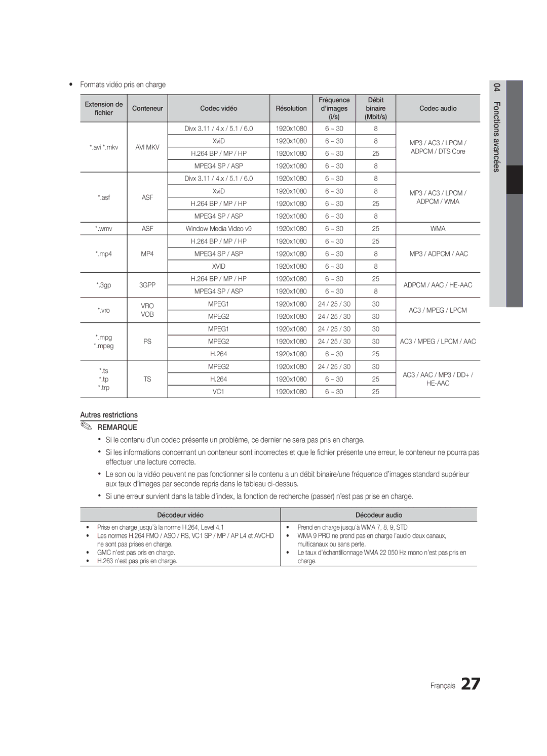 Samsung UE32C4000PWXXU, UE32C4000PWXXH, UE32C4000PWXXN, UE32C4000PWXZG, UE32C4000PWXXC manual Yy Formats vidéo pris en charge 