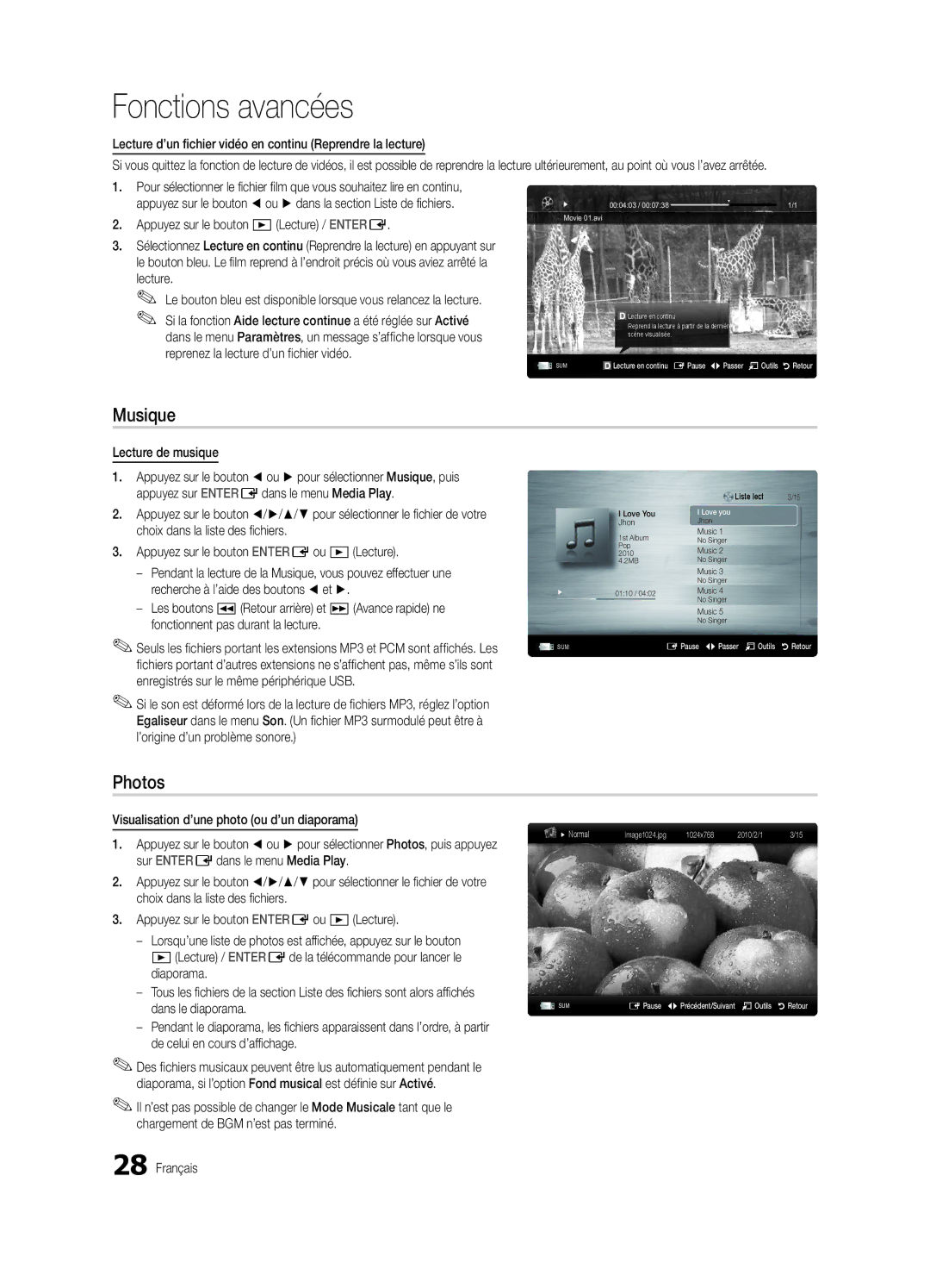 Samsung UE32C4000PWXXH manual Musique, Lecture d’un fichier vidéo en continu Reprendre la lecture, Lecture de musique 