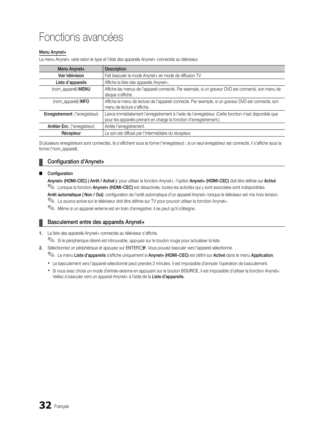 Samsung UE32C4000PWXZF, UE32C4000PWXXH, UE32C4000PWXXN Configuration d’Anynet+, Basculement entre des appareils Anynet+ 