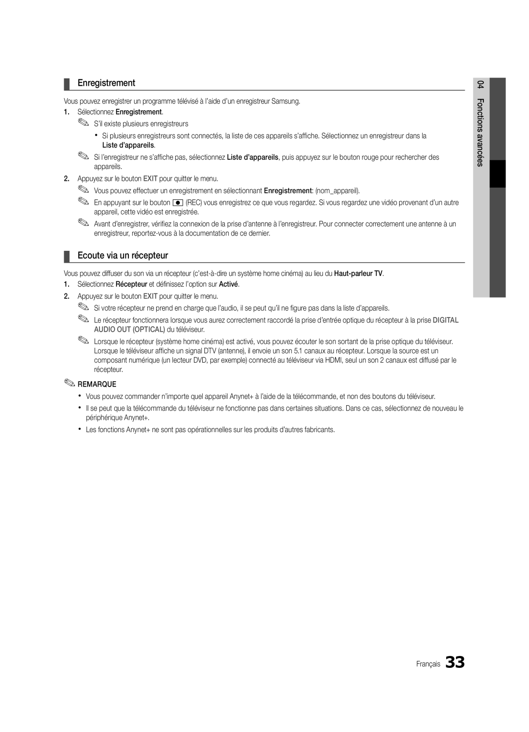 Samsung UE32C4000PWXBT, UE32C4000PWXXH, UE32C4000PWXXN, UE32C4000PWXZG manual Enregistrement, Ecoute via un récepteur 