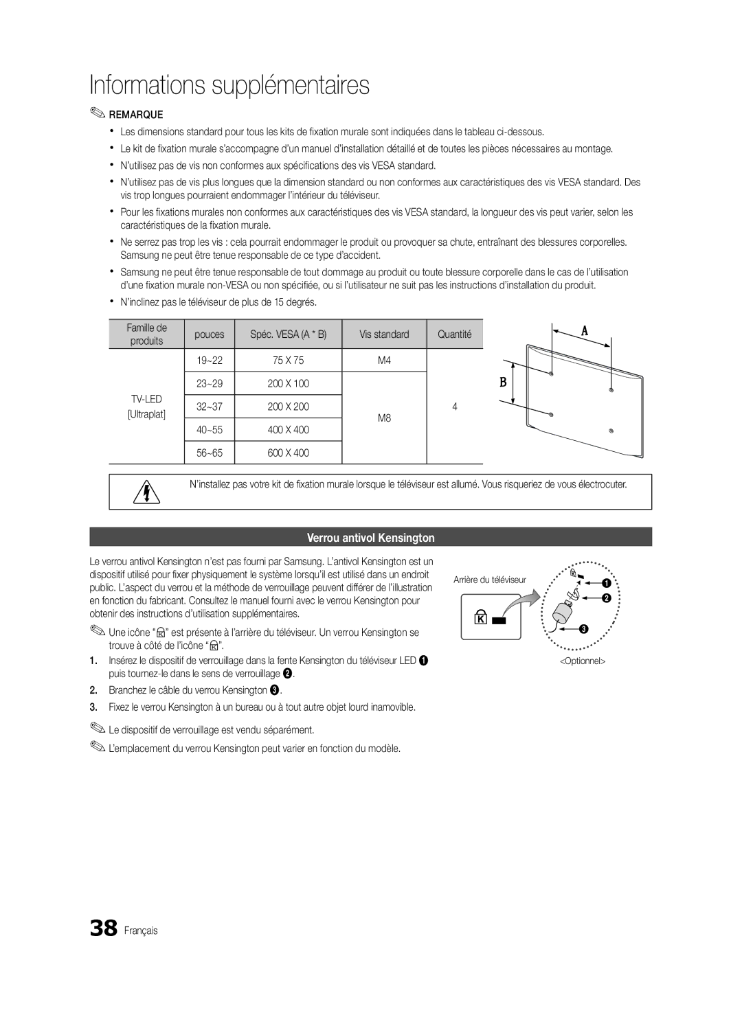 Samsung UE32C4000PWXZG manual Xx N’inclinez pas le téléviseur de plus de 15 degrés, Quantité, Trouve à côté de l’icône K 