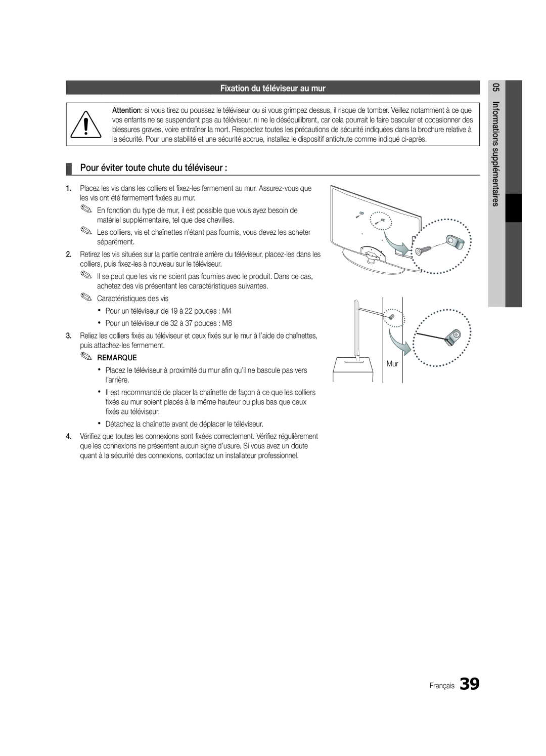 Samsung UE32C4000PWXXC, UE32C4000PWXXH manual Pour éviter toute chute du téléviseur, Fixation du téléviseur au mur, Mur 