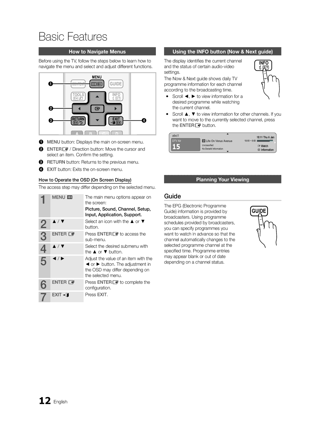 Samsung UE32C4000PWXZG manual Basic Features, Guide, How to Navigate Menus, Using the Info button Now & Next guide 