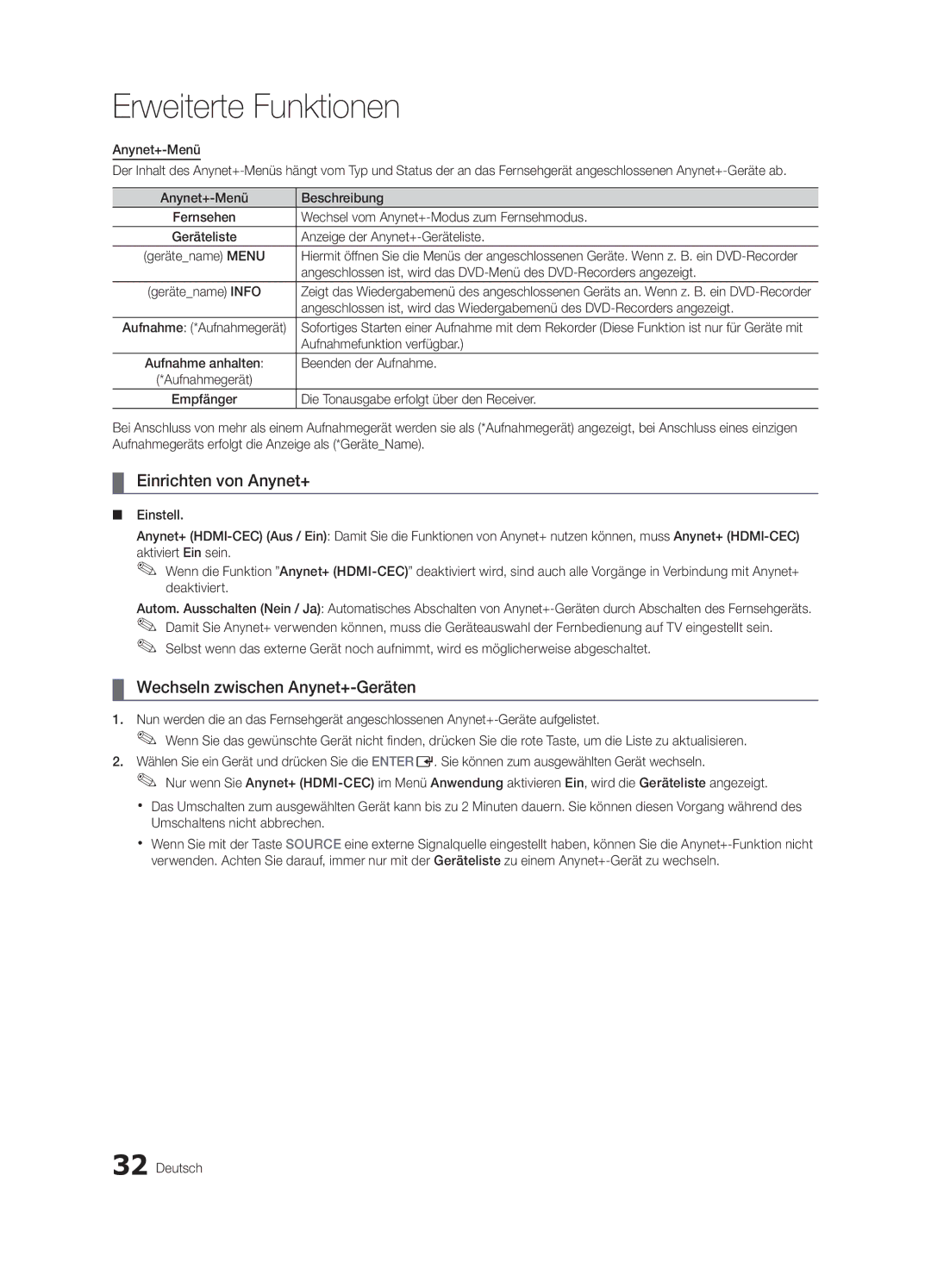 Samsung UE32C4000PWXXH, UE32C4000PWXXN, UE32C4000PWXZG manual Einrichten von Anynet+, Wechseln zwischen Anynet+-Geräten 