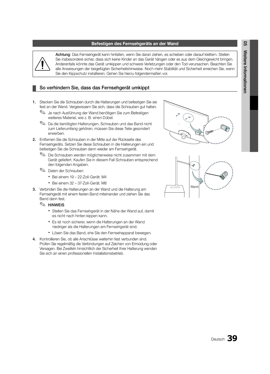 Samsung UE32C4000PWXZG manual So verhindern Sie, dass das Fernsehgerät umkippt, Befestigen des Fernsehgeräts an der Wand 