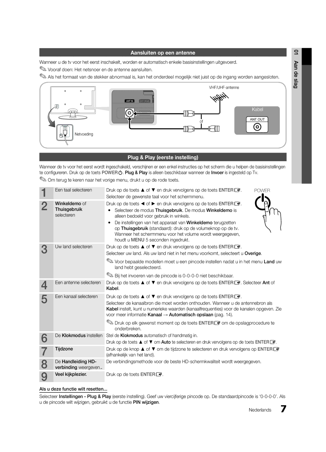 Samsung UE32C4000PWXZF manual Aansluiten op een antenne, Plug & Play eerste instelling, Selecteren, Uw land selecteren 