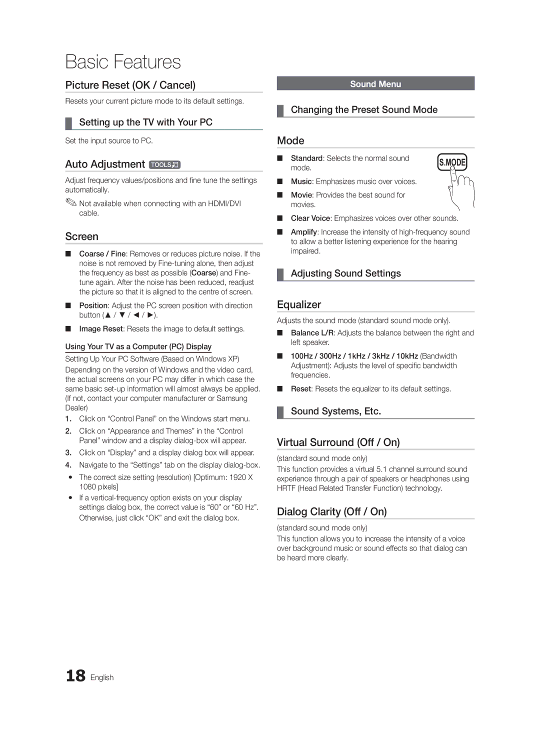 Samsung UE32C4000PWXXC manual Picture Reset OK / Cancel, Auto Adjustment t, Screen, Equalizer, Virtual Surround Off / On 