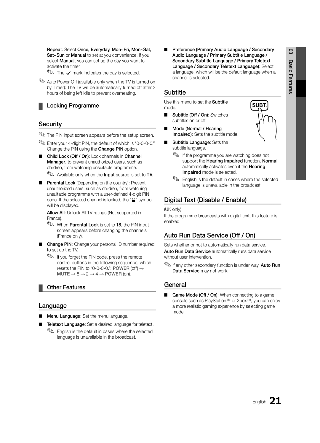 Samsung UE32C4000PWXXN manual Security, Language, Subtitle, Digital Text Disable / Enable, Auto Run Data Service Off / On 