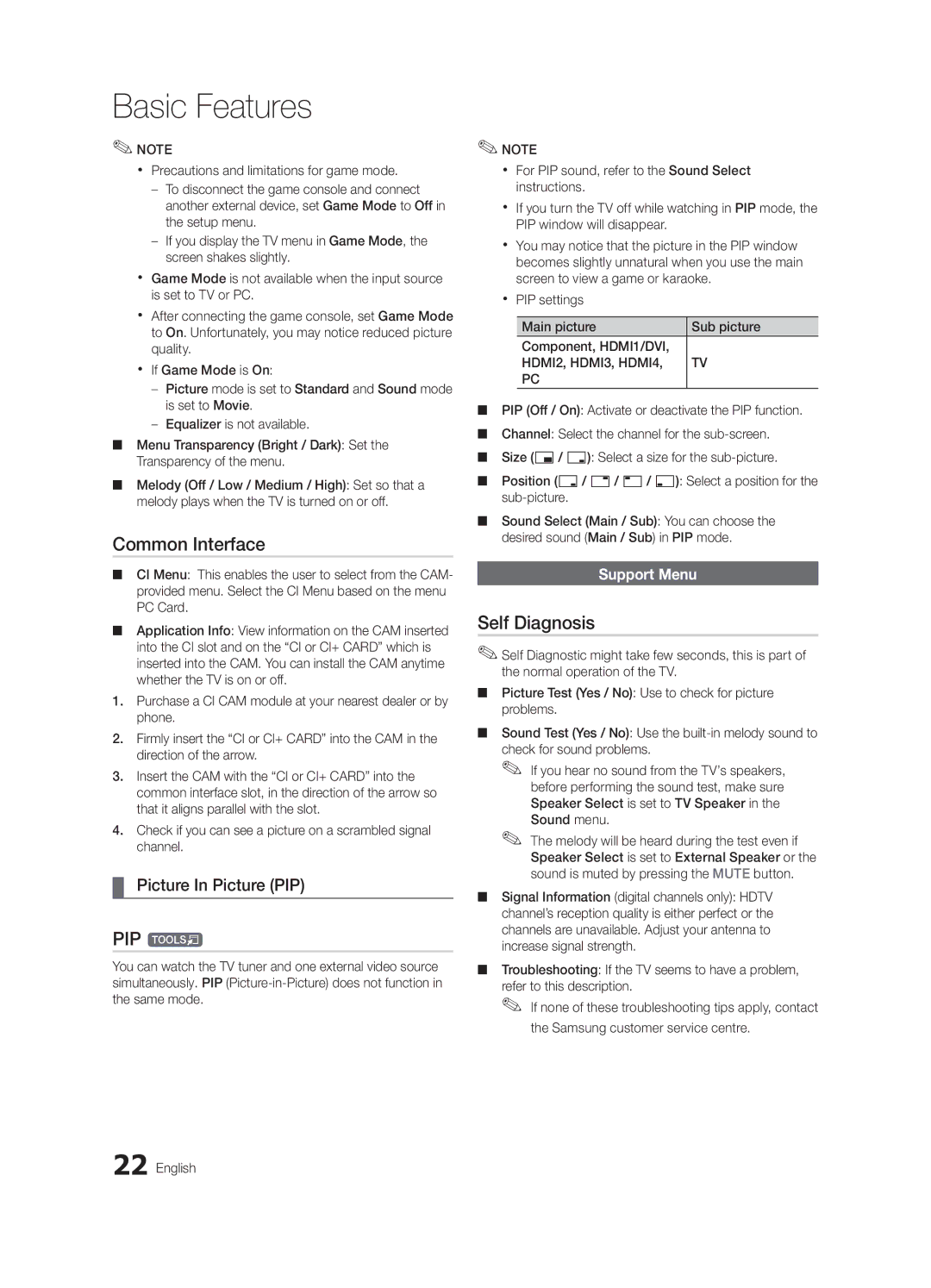 Samsung UE32C4000PWXZG, UE32C4000PWXXH manual Common Interface, PIP t, Self Diagnosis, Picture In Picture PIP, Support Menu 