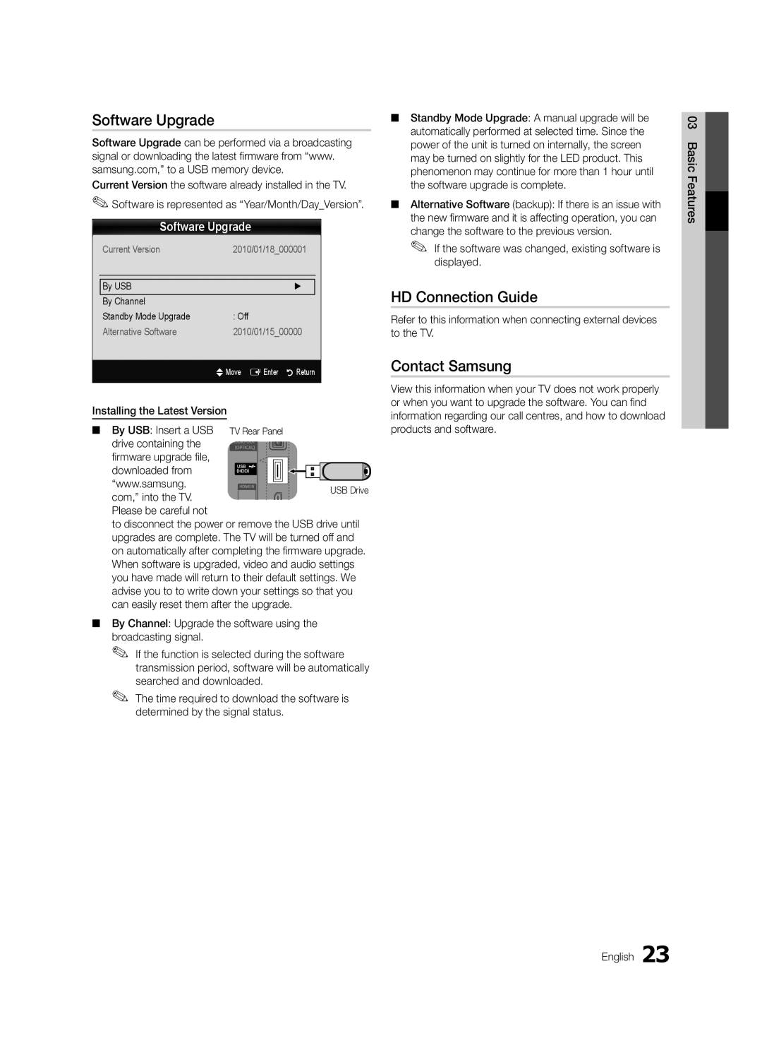 Samsung UE32C4000PWXXC, UE32C4000PWXXH, UE32C4000PWXXN manual Software Upgrade, HD Connection Guide, Contact Samsung 