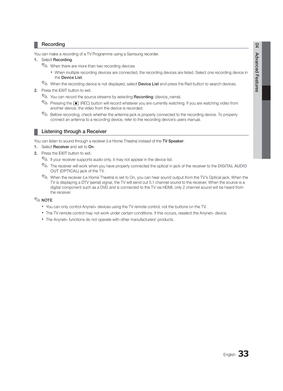 Samsung UE32C4000PWXXC, UE32C4000PWXXH, UE32C4000PWXXN, UE32C4000PWXZG manual Recording, Listening through a Receiver 