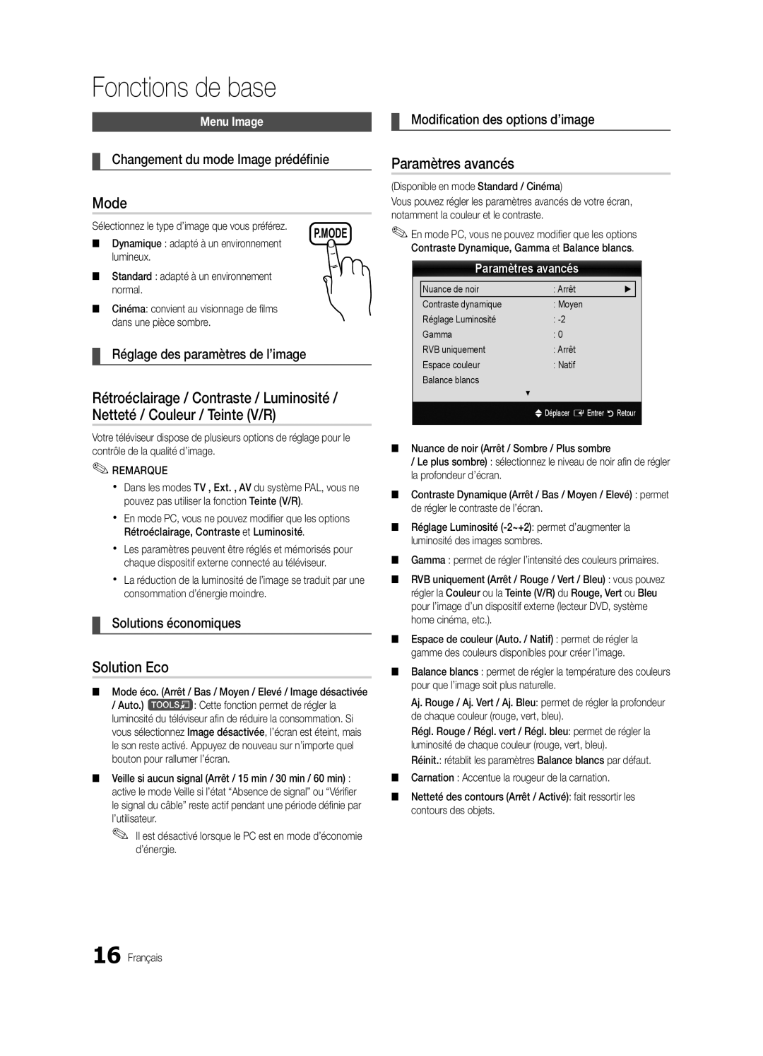 Samsung UE32C4000PWXXH manual Solution Eco, Paramètres avancés, Changement du mode Image prédéfinie, Solutions économiques 