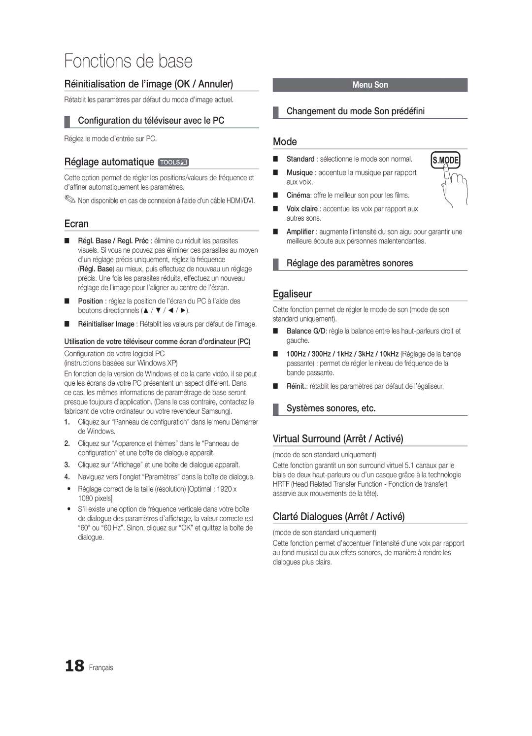 Samsung UE32C4000PWXZG, UE32C4000PWXXH Réinitialisation de l’image OK / Annuler, Réglage automatique t, Ecran, Egaliseur 