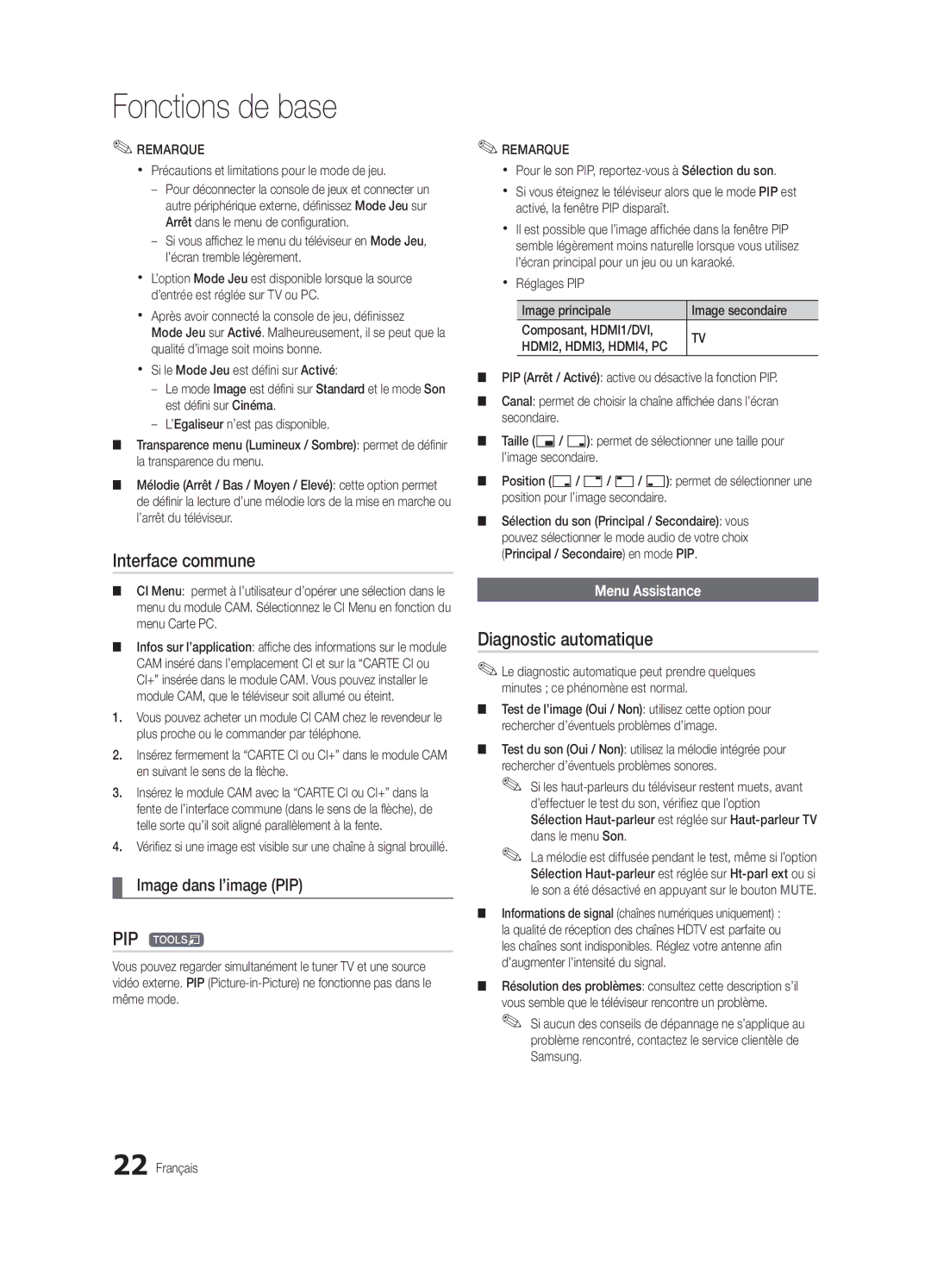 Samsung UE32C4000PWXXN, UE32C4000PWXXH Interface commune, Diagnostic automatique, Image dans l’image PIP, Menu Assistance 