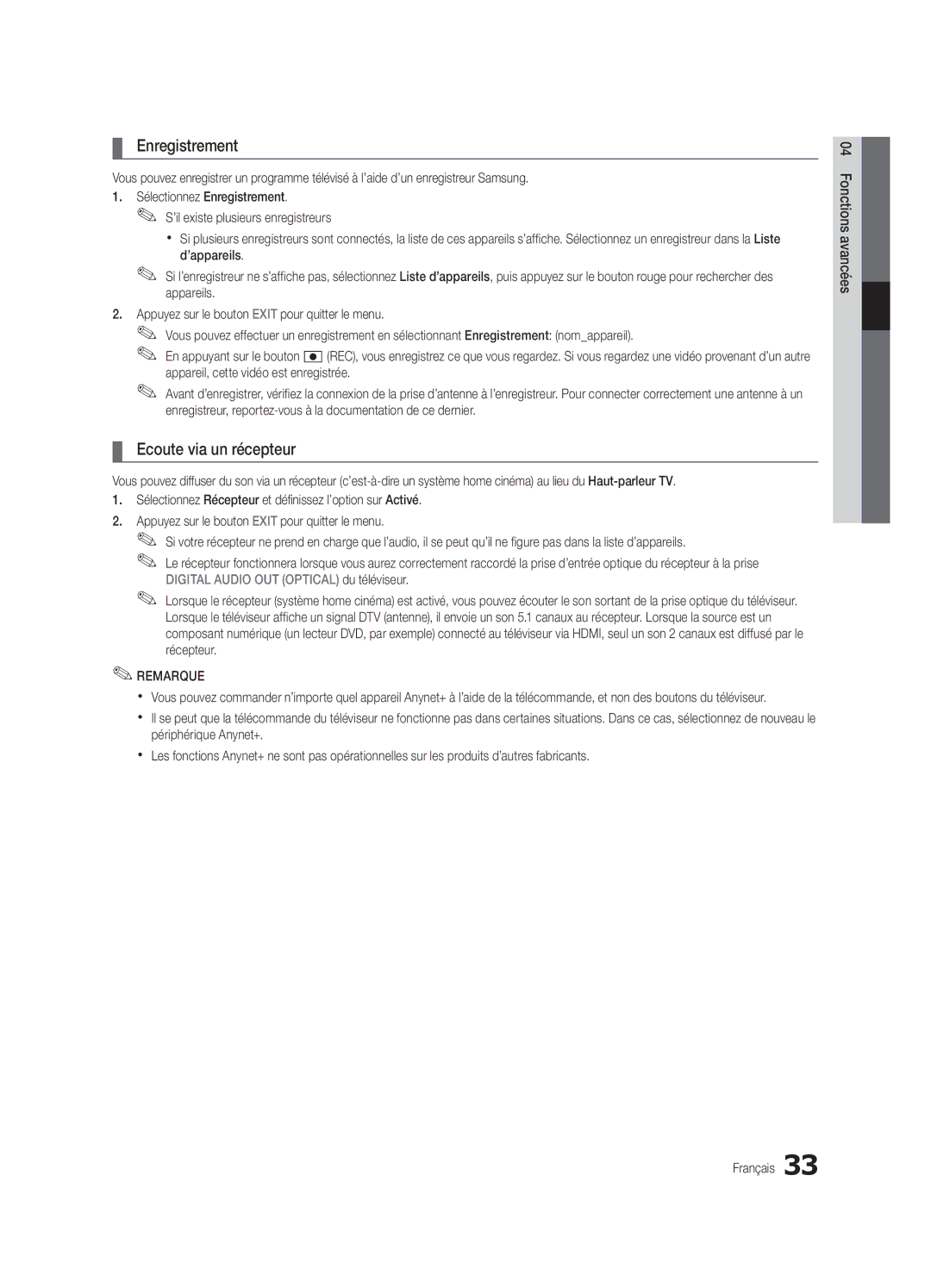 Samsung UE32C4000PWXXN, UE32C4000PWXXH, UE32C4000PWXZG, UE32C4000PWXXC manual Enregistrement, Ecoute via un récepteur 