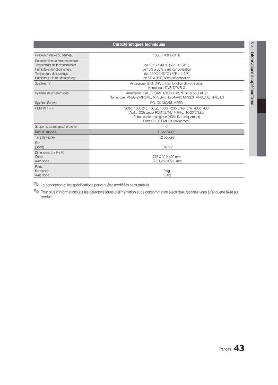 Samsung UE32C4000PWXXC, UE32C4000PWXXH, UE32C4000PWXXN, UE32C4000PWXZG, UE32C4000PWXZF manual Caractéristiques techniques 