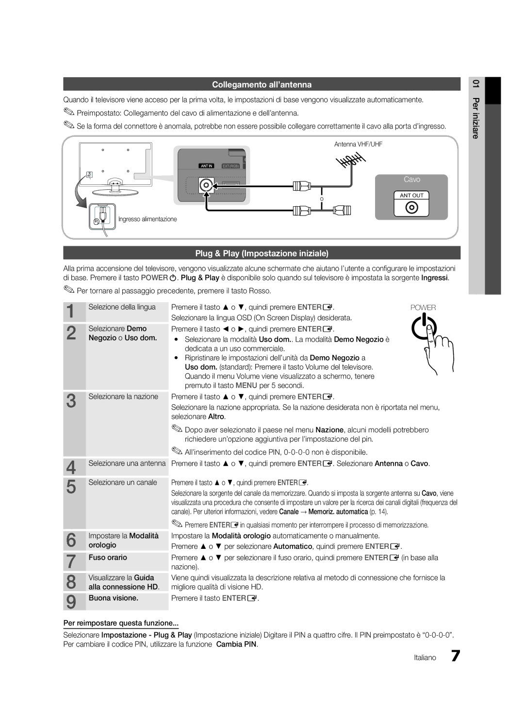 Samsung UE32C4000PWXXC, UE32C4000PWXXH Collegamento all’antenna, Plug & Play Impostazione iniziale, Ingresso alimentazione 