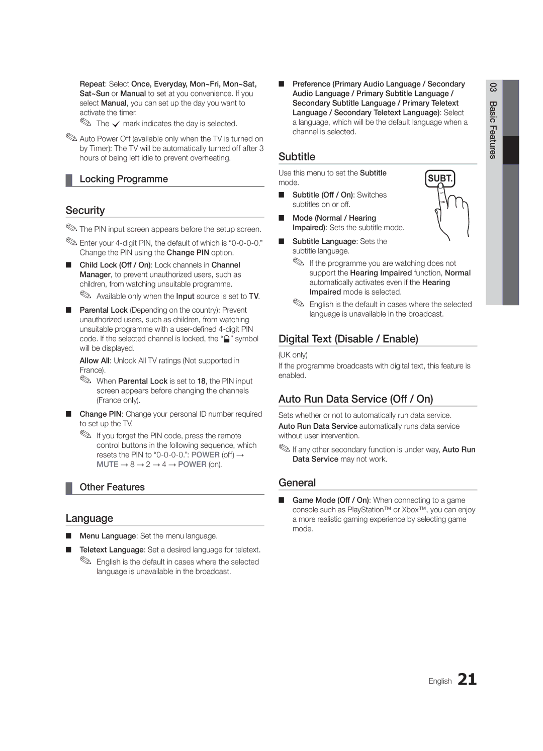 Samsung UE32C4000PWXBT manual Security, Language, Subtitle, Digital Text Disable / Enable, Auto Run Data Service Off / On 