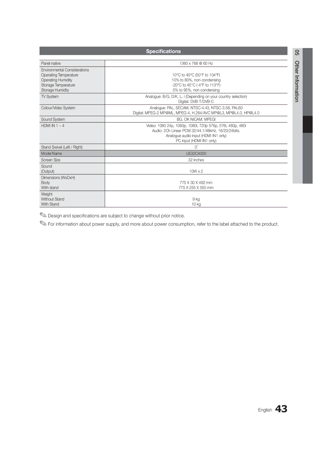 Samsung UE32C4000PWXXC, UE32C4000PWXXH, UE32C4000PWXXN, UE32C4000PWXZG, UE32C4000PWXZF, UE32C4000PWXBT manual Specifications 