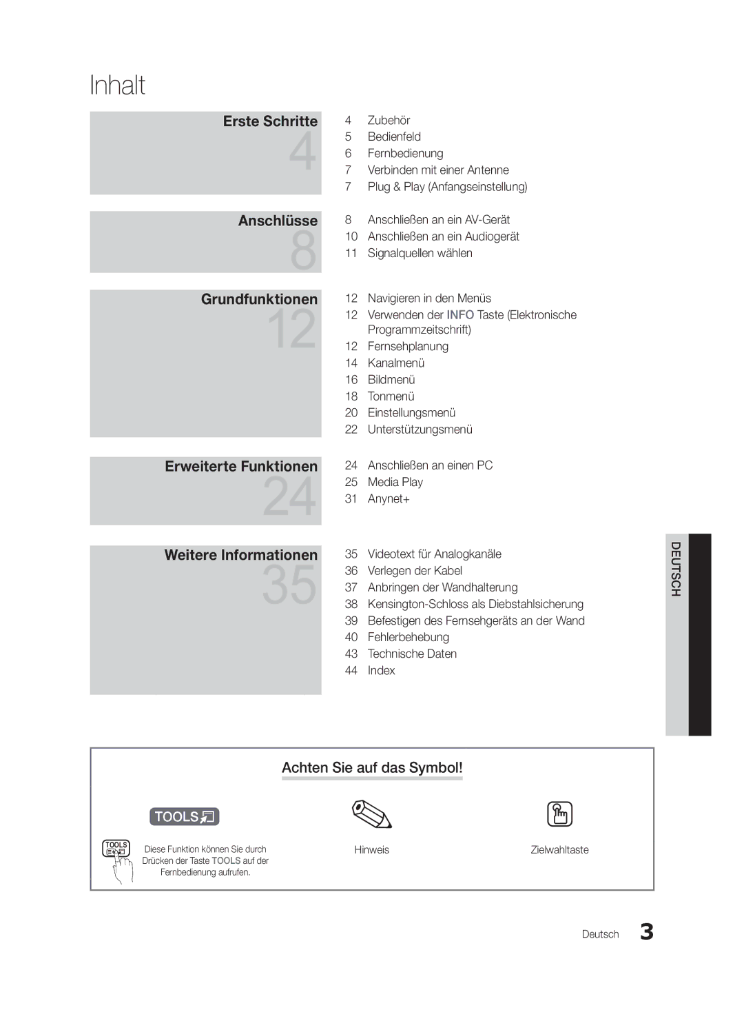 Samsung UE32C4000PWXXU, UE32C4000PWXXH, UE32C4000PWXXN manual Inhalt, Achten Sie auf das Symbol, Hinweis, Zielwahltaste 