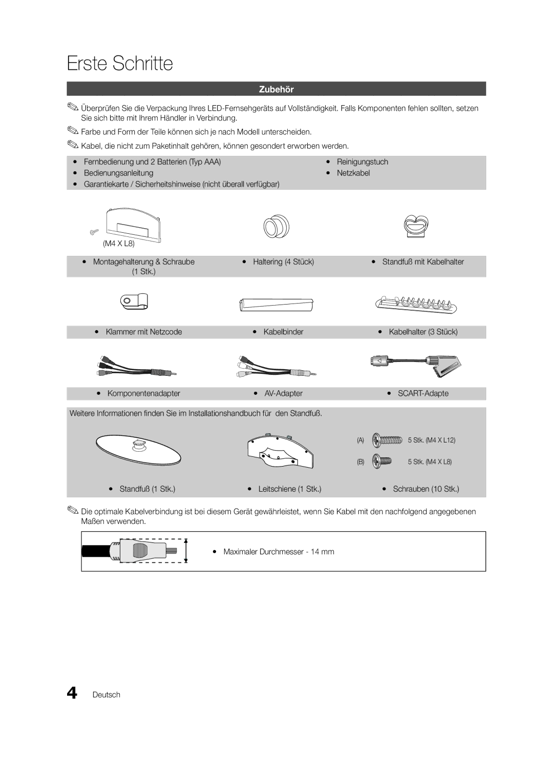 Samsung UE32C4000PWXXH, UE32C4000PWXXN, UE32C4000PWXZG Erste Schritte, Zubehör, Stk Yy Klammer mit Netzcode Yy Kabelbinder 