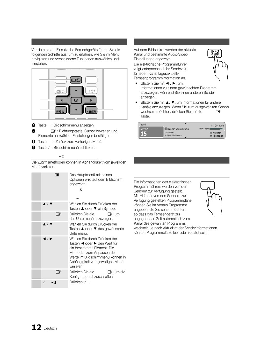 Samsung UE32C4000PWXXH, UE32C4000PWXXN manual Grundfunktionen, TV-Programm, Navigieren in den Menüs, Fernsehplanung 