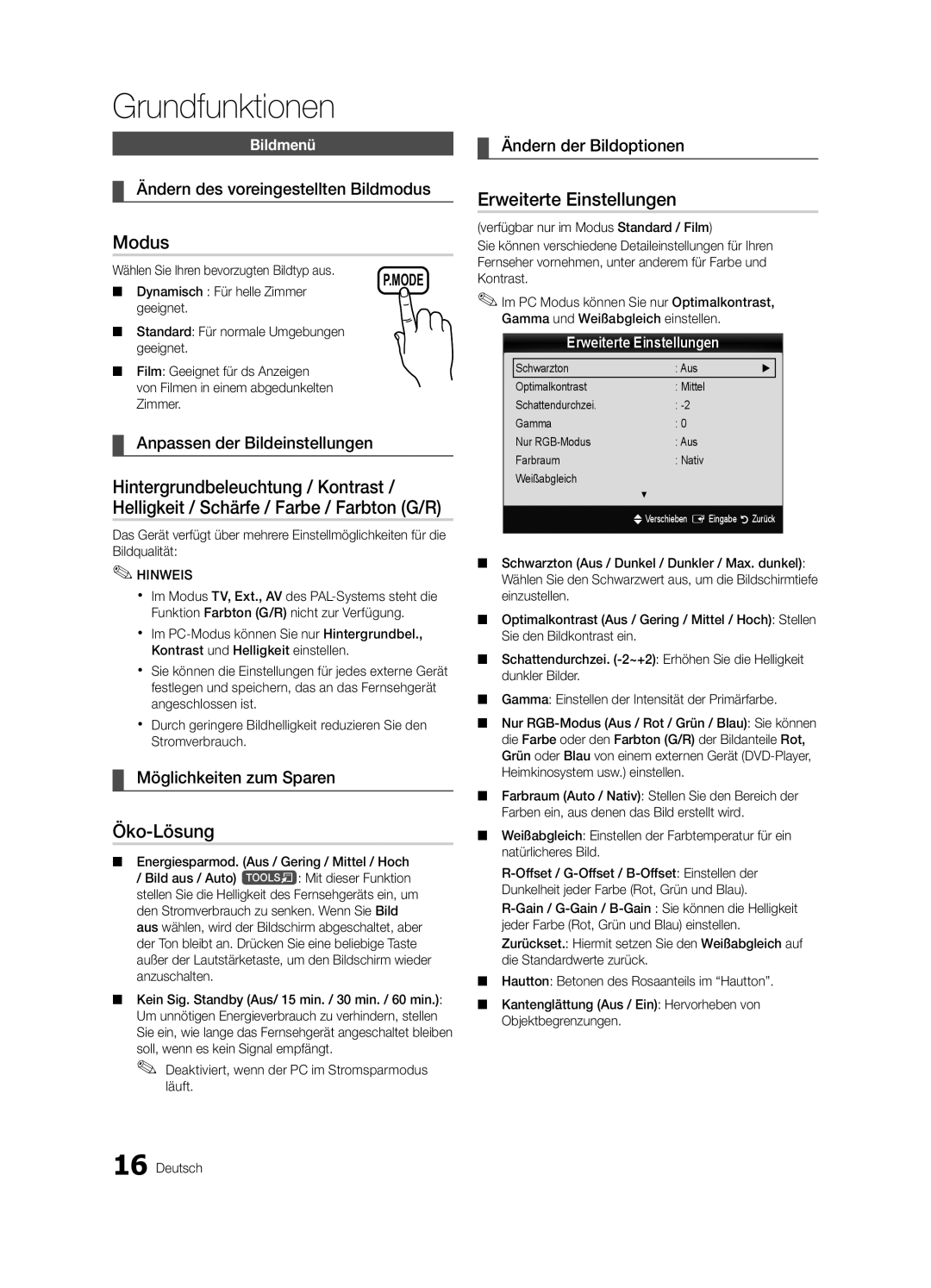 Samsung UE32C4000PWXZF, UE32C4000PWXXH, UE32C4000PWXXN, UE32C4000PWXZG manual Modus, Öko-Lösung, Erweiterte Einstellungen 