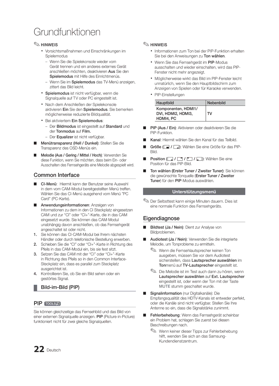 Samsung UE32C4000PWXZG, UE32C4000PWXXH, UE32C4000PWXXN, UE32C4000PWXXC Eigendiagnose, Bild-im-Bild PIP, Unterstützungsmenü 