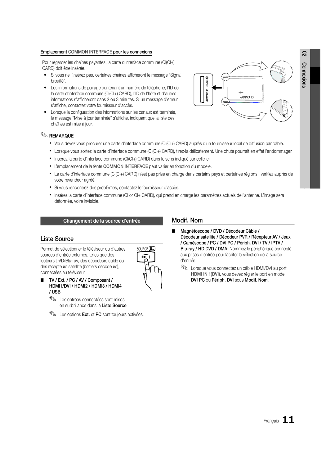 Samsung UE32C4000PWXXC, UE32C4000PWXXH, UE32C4000PWXXN manual Liste Source, Modif. Nom, Changement de la source d’entrée 