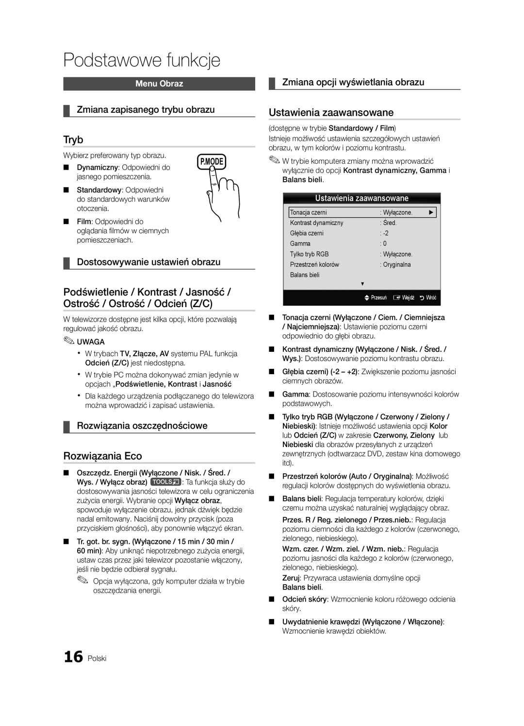 Samsung UE32C4000PWXXH, UE32C4000PWXXN, UE32C4000PWXZG, UE32C4000PWXXC manual Tryb, Rozwiązania Eco, Ustawienia zaawansowane 