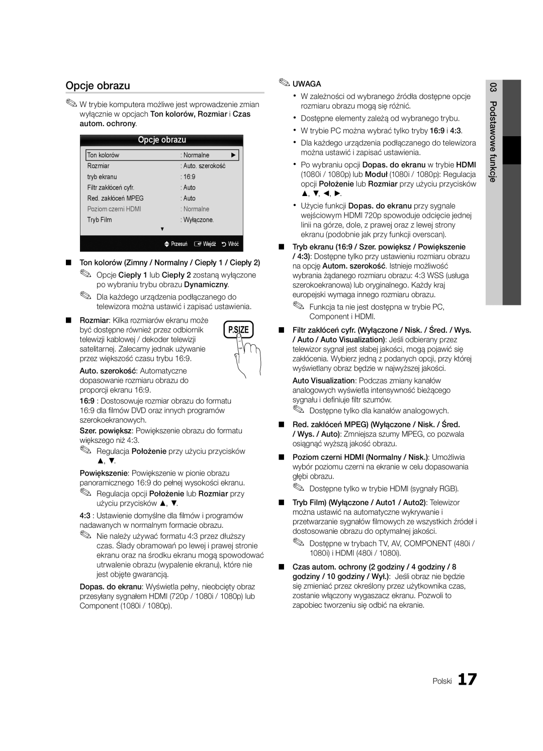 Samsung UE32C4000PWXXN, UE32C4000PWXXH, UE32C4000PWXZG, UE32C4000PWXXC, UE32C4000PWXZF, UE32C4000PWXBT manual Opcje obrazu 