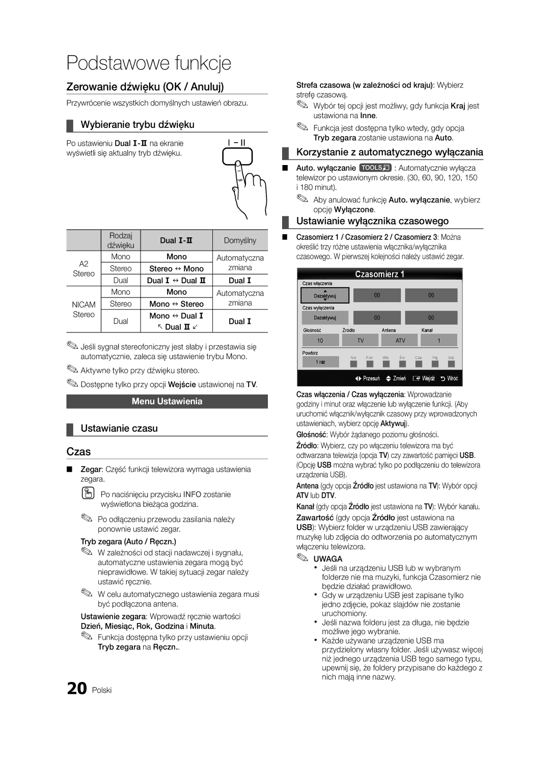 Samsung UE32C4000PWXZF manual Czas, Wybieranie trybu dźwięku, Ustawianie czasu, Korzystanie z automatycznego wyłączania 