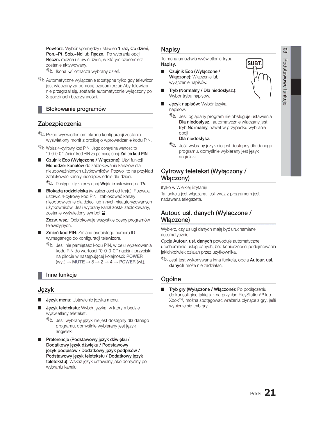 Samsung UE32C4000PWXBT, UE32C4000PWXXH manual Zabezpieczenia, Język, Napisy, Cyfrowy teletekst Wyłączony Włączony, Ogólne 