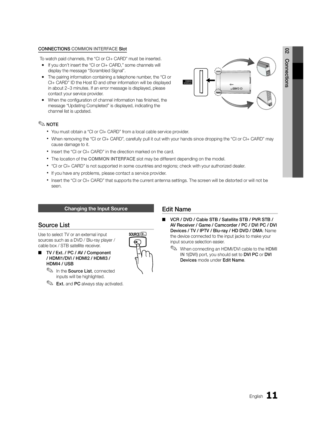 Samsung UE32C4000PWXXC manual Source List, Edit Name, Changing the Input Source, Use to select TV or an external input 