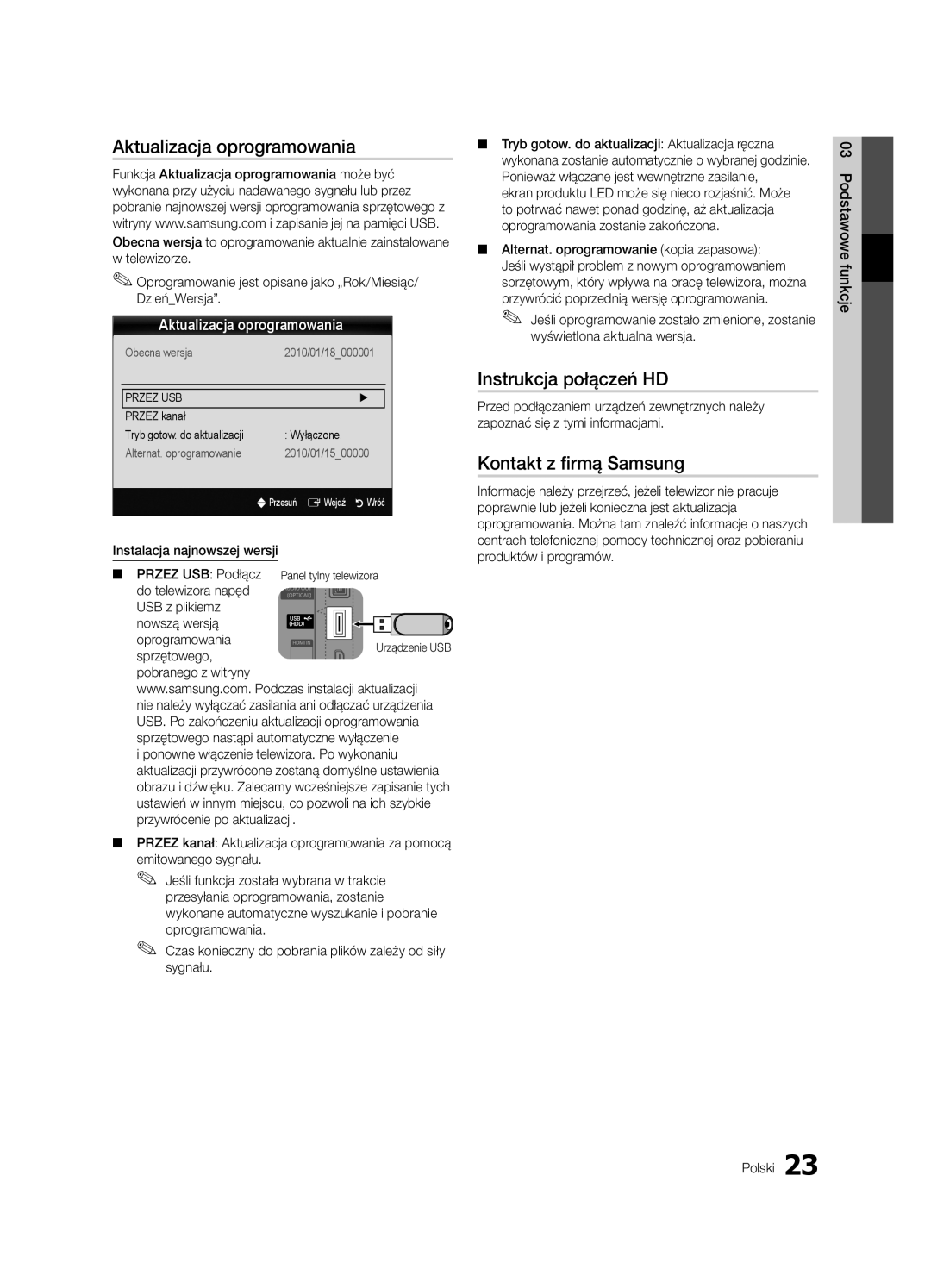 Samsung UE32C4000PWXXU, UE32C4000PWXXH manual Aktualizacja oprogramowania, Instrukcja połączeń HD, Kontakt z firmą Samsung 