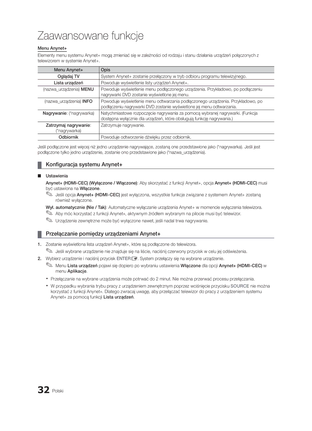 Samsung UE32C4000PWXXH, UE32C4000PWXXN manual Konfiguracja systemu Anynet+, Przełączanie pomiędzy urządzeniami Anynet+ 