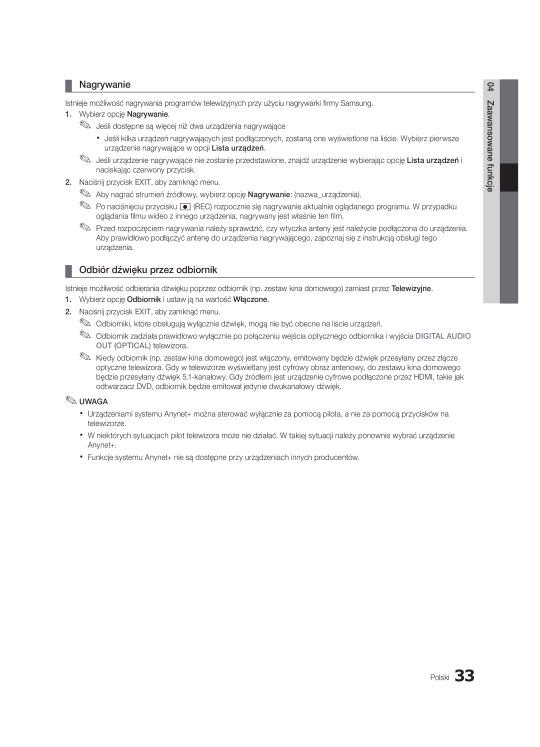 Samsung UE32C4000PWXXN, UE32C4000PWXXH, UE32C4000PWXZG, UE32C4000PWXXC manual Nagrywanie, Odbiór dźwięku przez odbiornik 