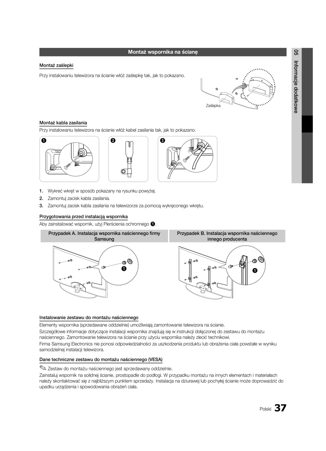 Samsung UE32C4000PWXBT, UE32C4000PWXXH, UE32C4000PWXXN, UE32C4000PWXZG, UE32C4000PWXXC manual Montaż wspornika na ścianę 