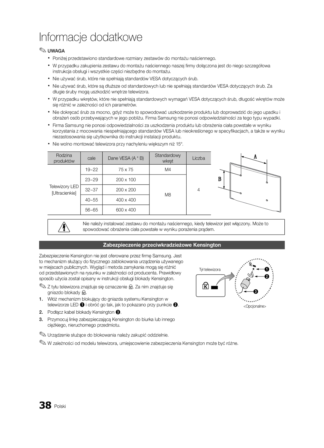 Samsung UE32C4000PWXZT, UE32C4000PWXXH, UE32C4000PWXXN manual Zabezpieczenie przeciwkradzieżowe Kensington, Tył telewizora 