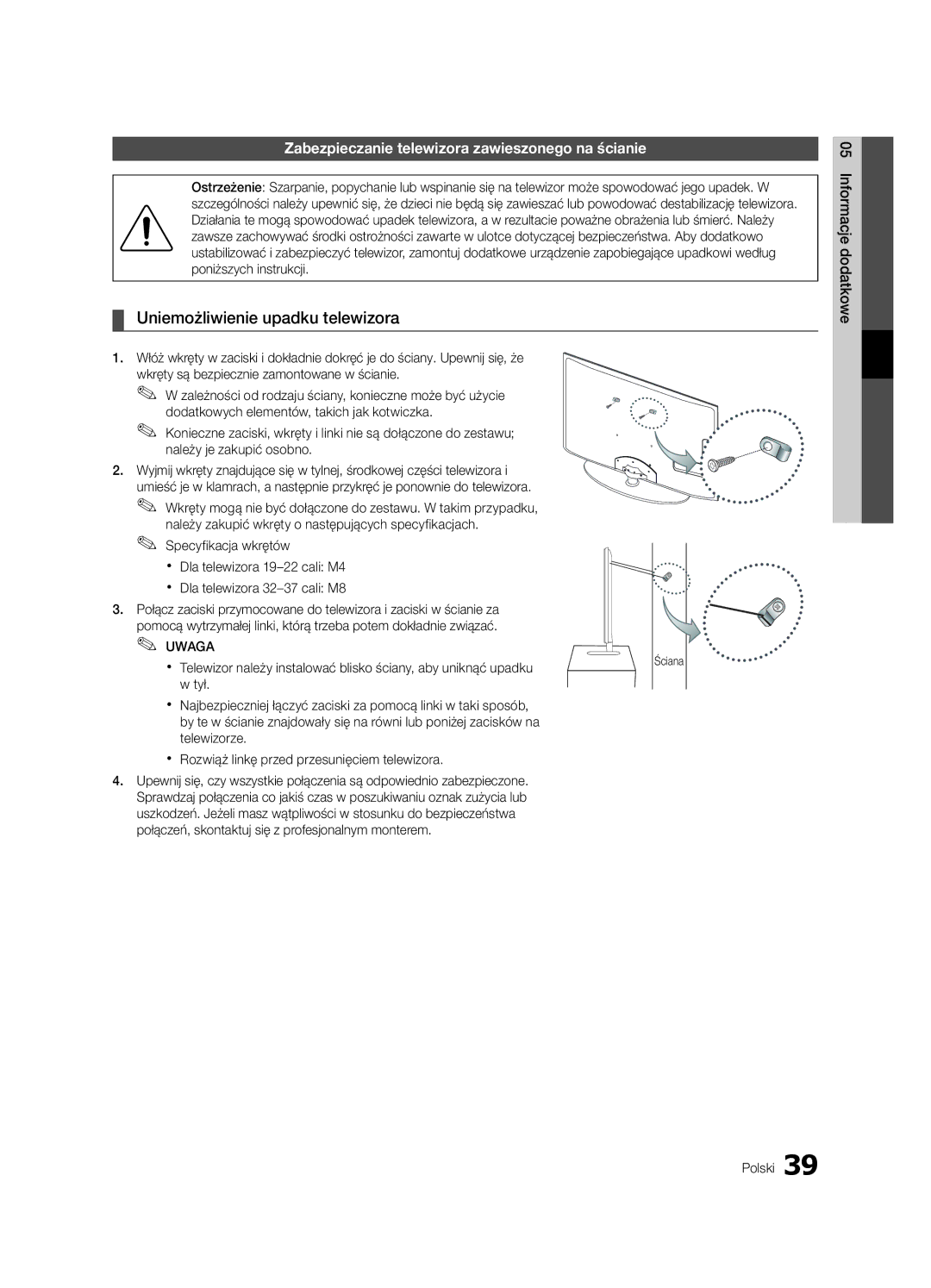 Samsung UE32C4000PWXXU manual Uniemożliwienie upadku telewizora, Zabezpieczanie telewizora zawieszonego na ścianie 